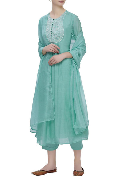 Blue Cotton Silk Embroidered Kurta Set