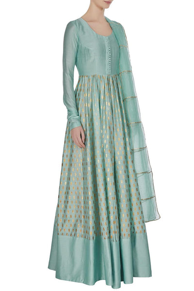 Blue Foil Printed Chanderi Silk Anarkali Set