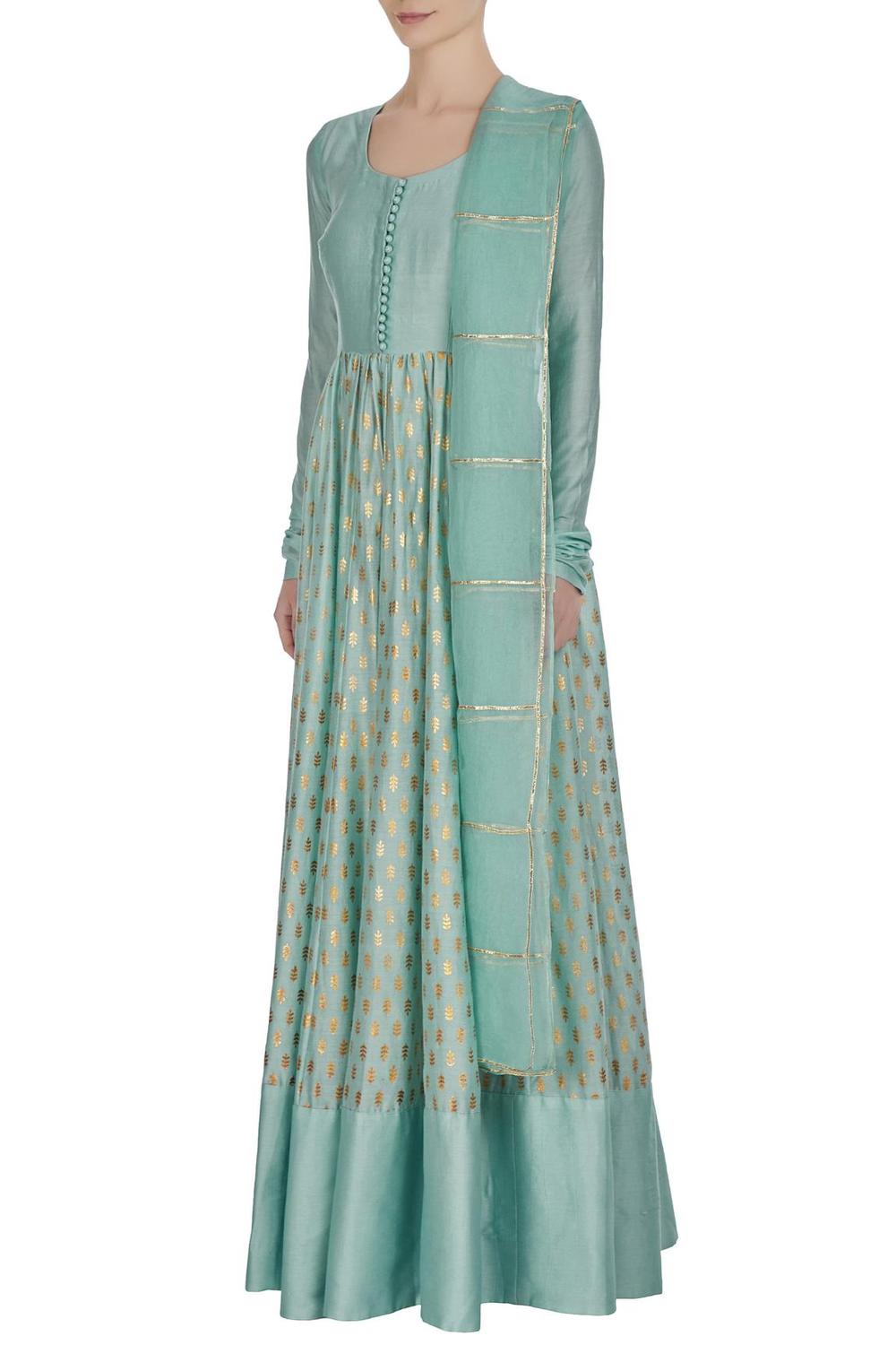 Blue Foil Printed Chanderi Silk Anarkali Set