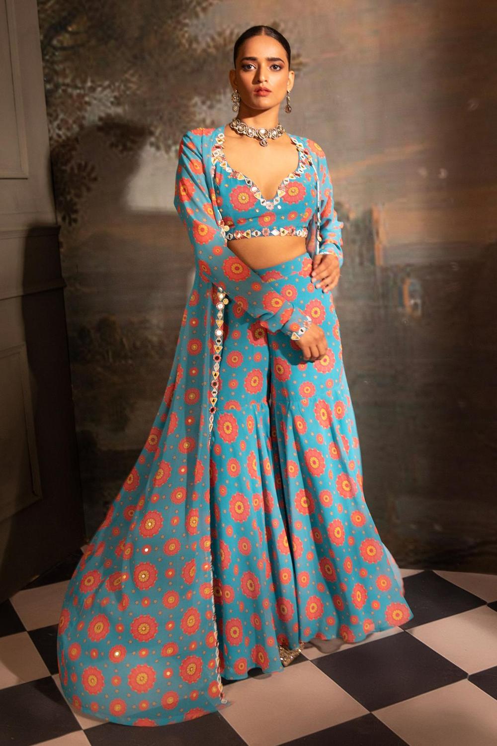 Blue Georgette Blossom Print Jacket Sharara Set (NA)