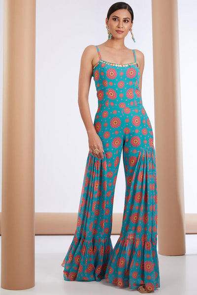 Blue Georgette Floral Print Embellished Jumpsuit