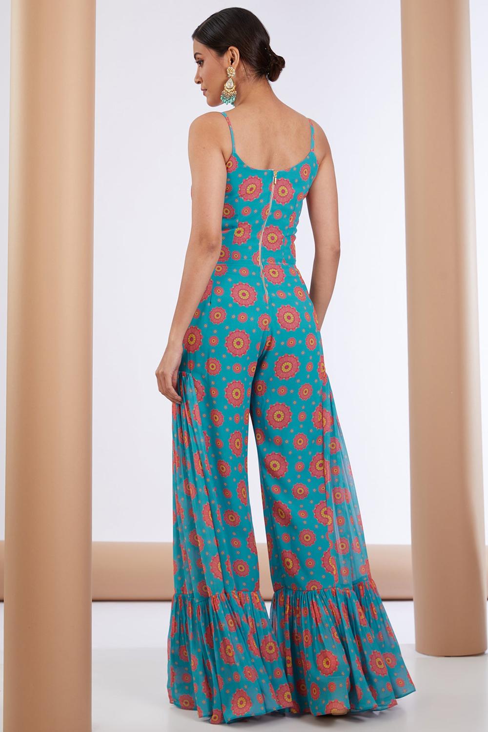 Blue Georgette Floral Print Embellished Jumpsuit