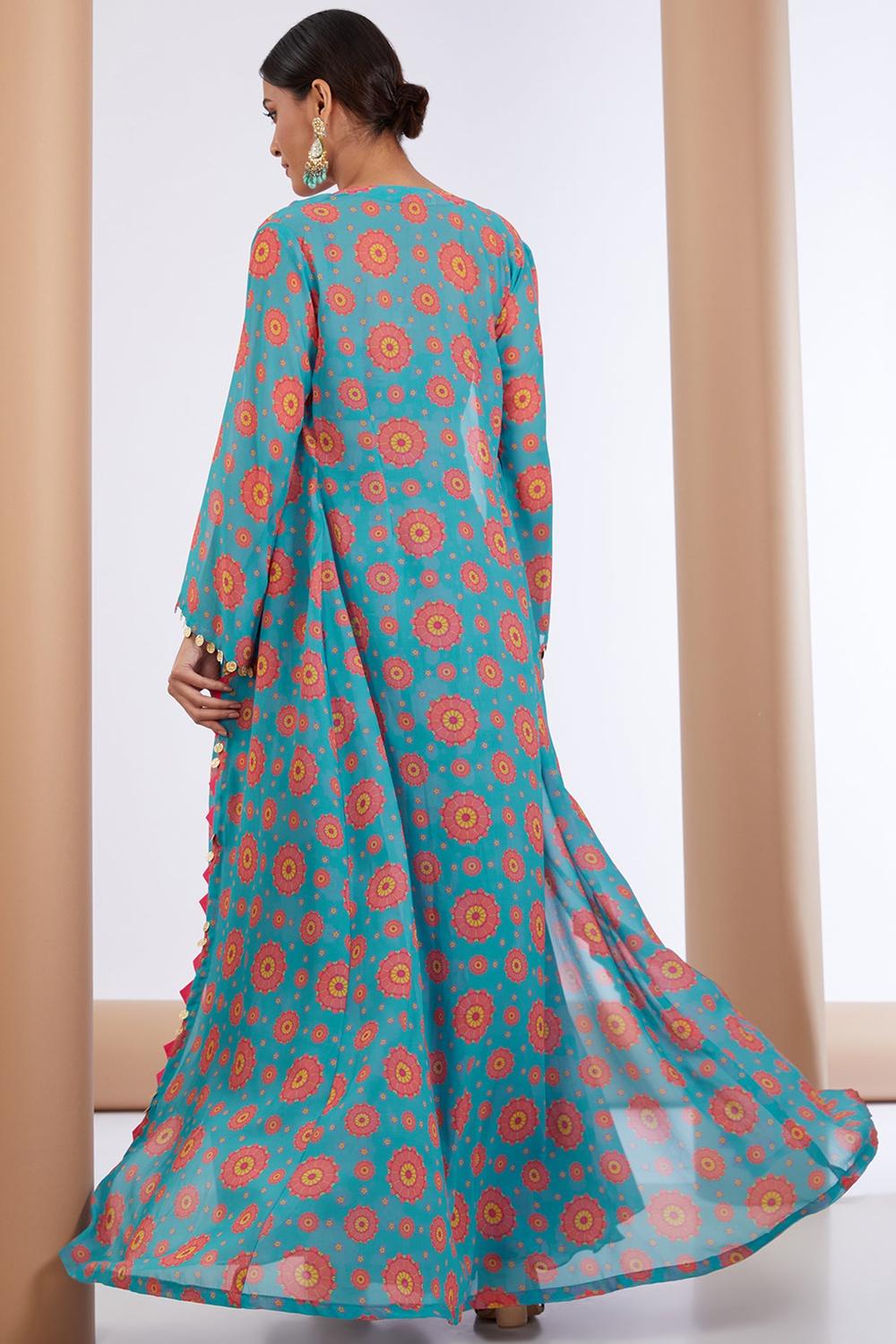 Blue Georgette Floral Print Longline Cape Sharara Set