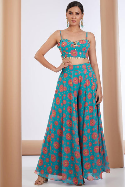 Blue Georgette Floral Print Longline Cape Sharara Set