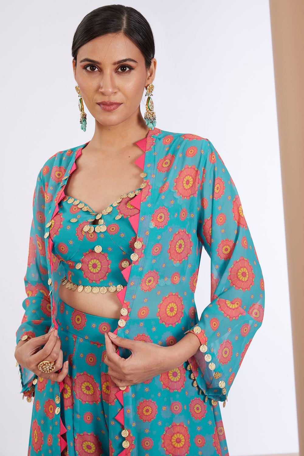 Blue Georgette Floral Print Longline Cape Sharara Set