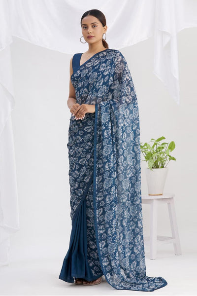 Blue Georgette Printed Saree With Blouse