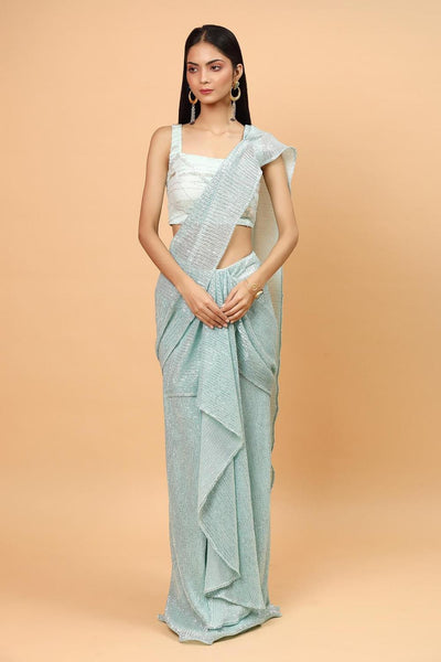 Ice Blue Net Pre-draped Saree With Blouse