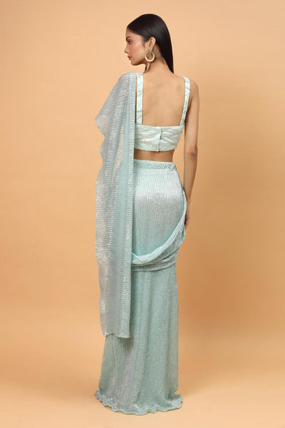 Ice Blue Net Pre-draped Saree With Blouse