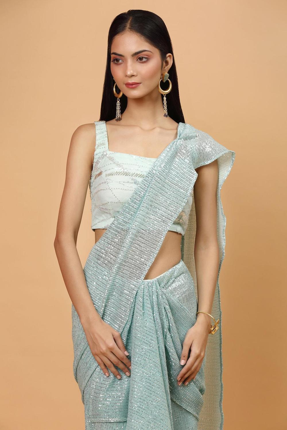 Ice Blue Net Pre-draped Saree With Blouse