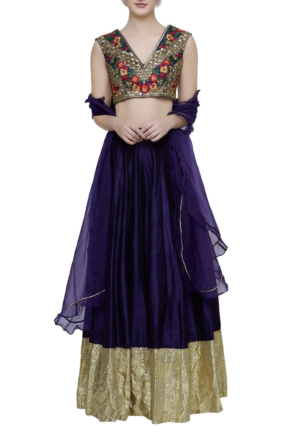 Blue Raw Silk Embroidered Lehenga Set