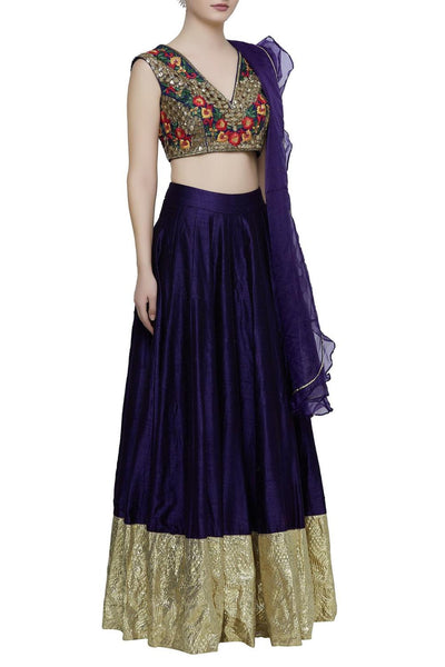 Blue Raw Silk Embroidered Lehenga Set