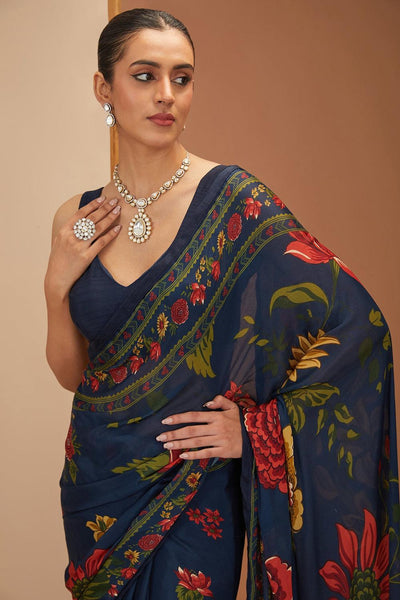 Blue Viscose Chinon Printed Bloom And Stripe V Saree & Blouse Set For Women