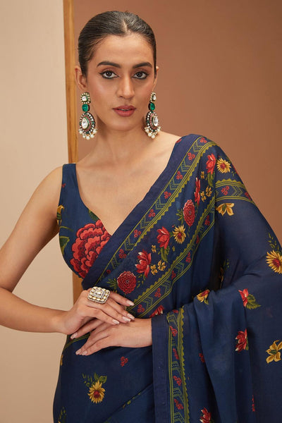 Blue Viscose Chinon Printed Bloom And Stripe V Saree & Blouse Set For Women