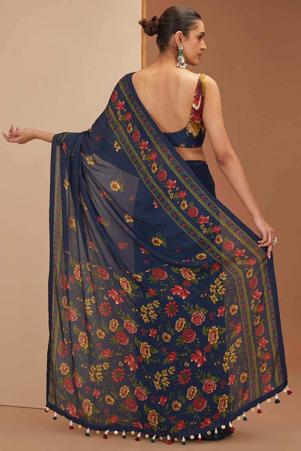 Blue Viscose Chinon Printed Floret And Stripe V Saree & Blouse Set For Women