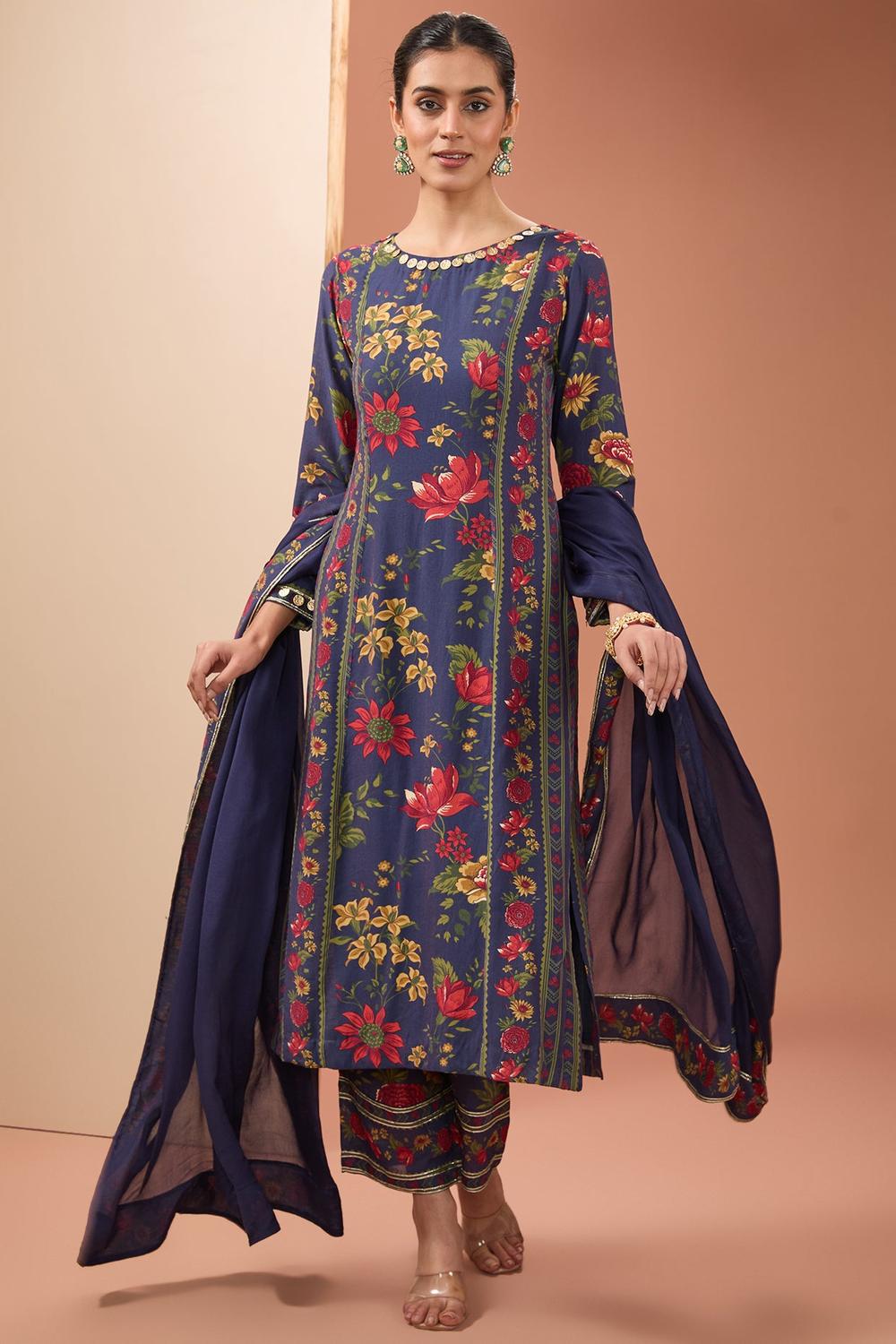 Blue Viscose Cotton Silk Digital Print Floral Straight Kurta Pant Set For Women