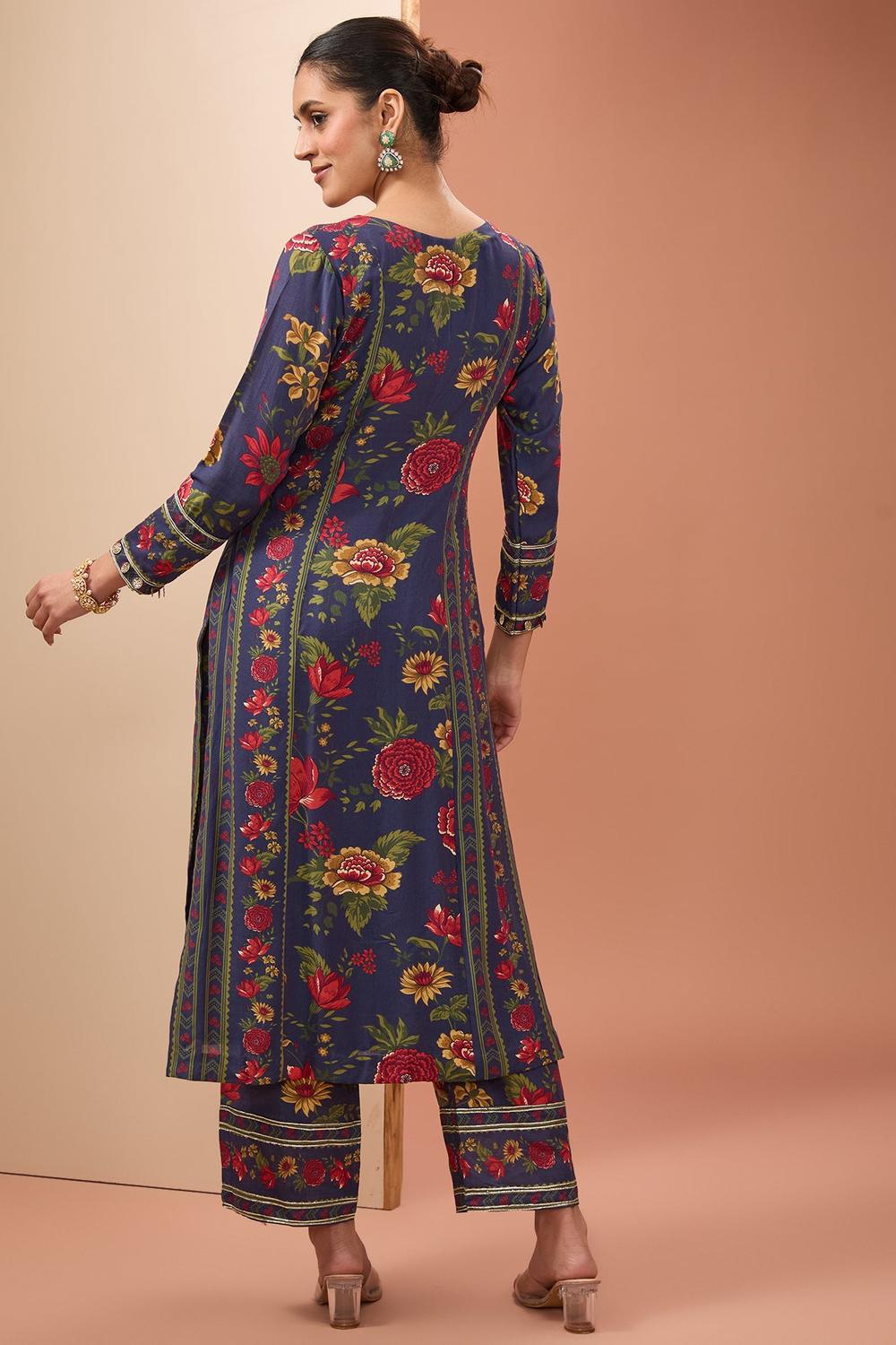 Blue Viscose Cotton Silk Digital Print Floral Straight Kurta Pant Set For Women