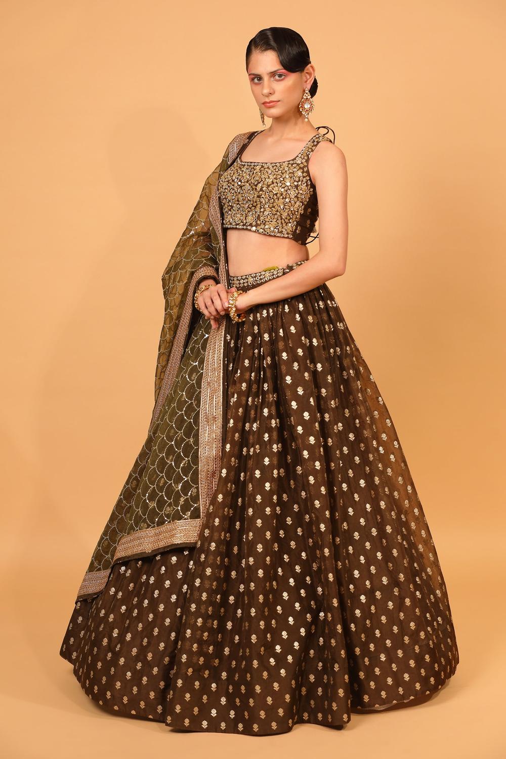 Brown Banarasi Organza Lehenga Set