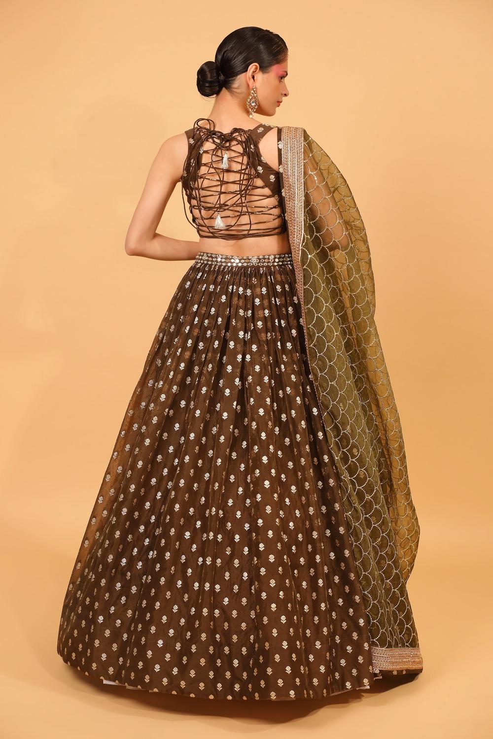 Brown Banarasi Organza Lehenga Set