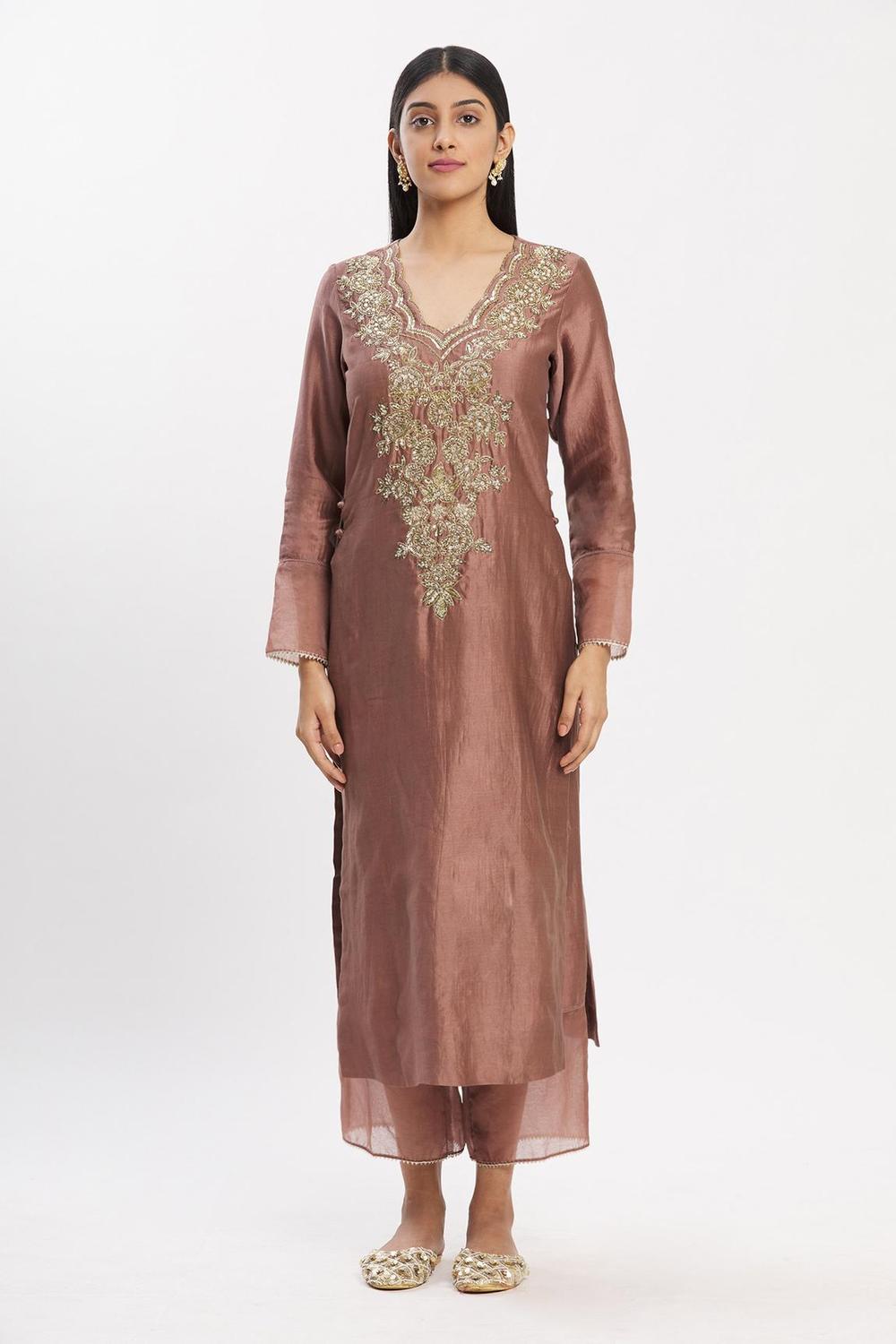 Brown Chanderi Silk Kurta Set