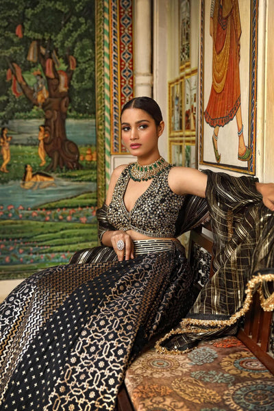 Black Net Woven Pattern Flared Lehenga Set