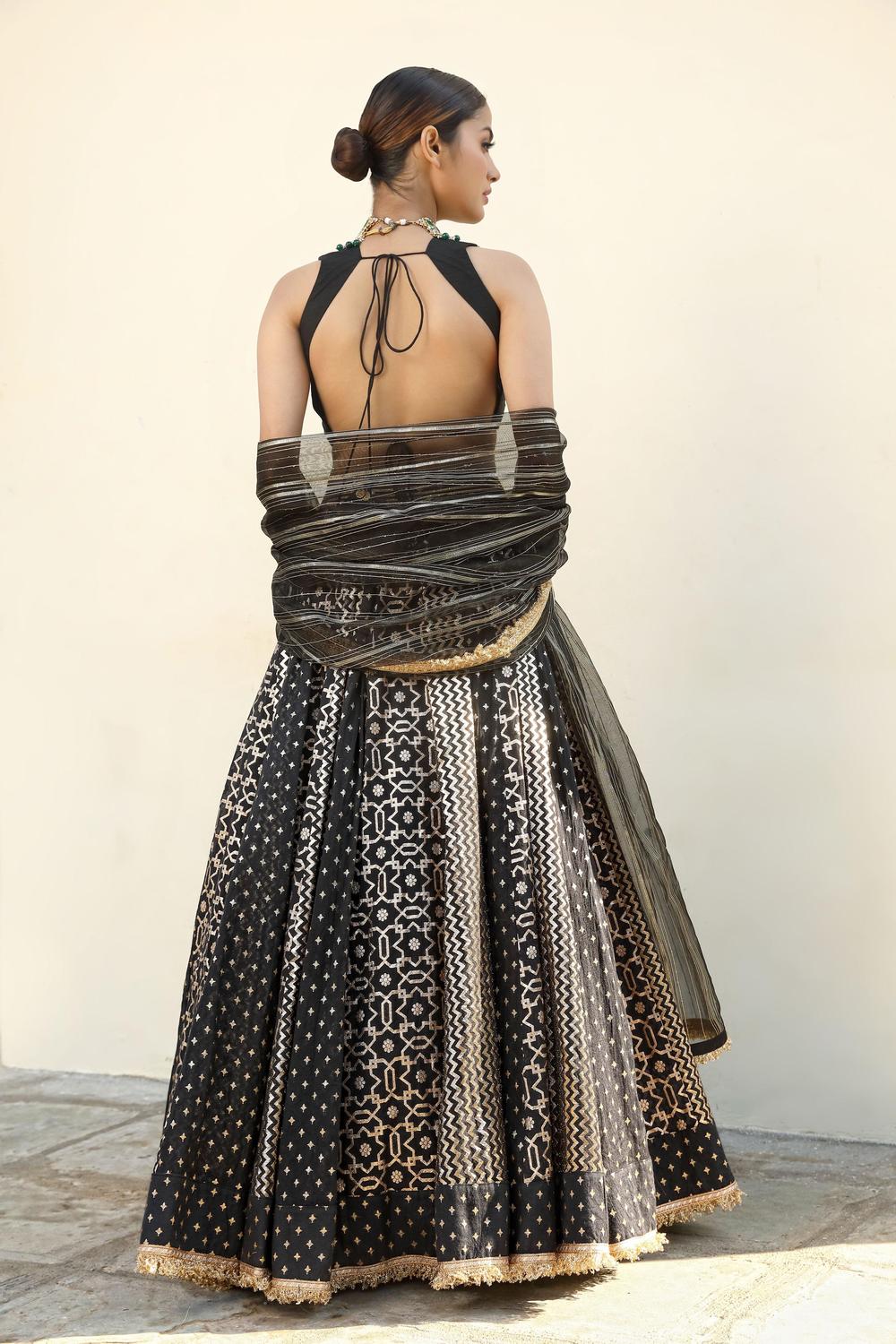 Black Net Woven Pattern Flared Lehenga Set