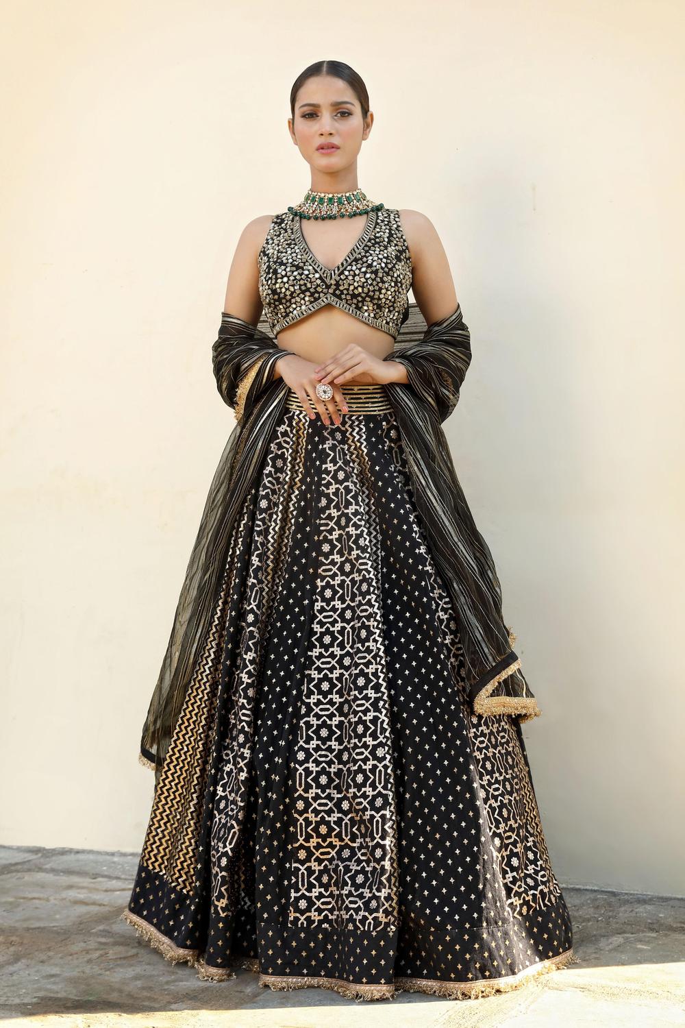 Black Net Woven Pattern Flared Lehenga Set