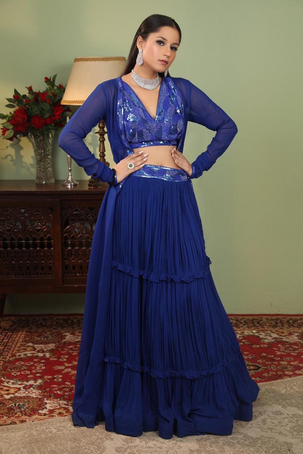 Blue Georgette Embroidered Cape And Lehenga Set