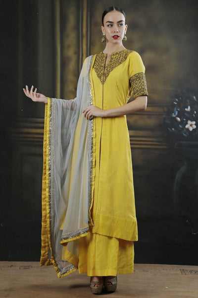 Yellow And Grey Embroidered Kurta Set