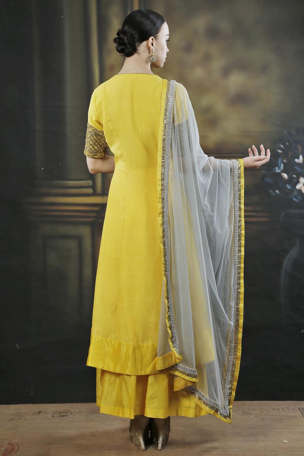 Yellow And Grey Embroidered Kurta Set