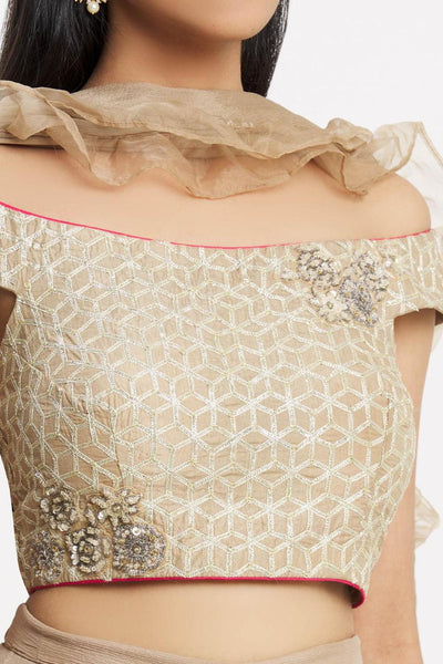 Beige Chanderi Off-Shoulder Top And Palazzo Set