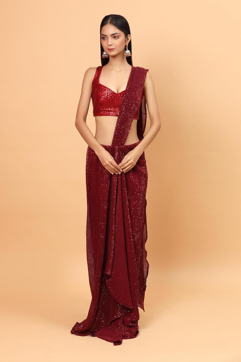 Deep Red Net Pre-draped Saree With Embroidered Blouse