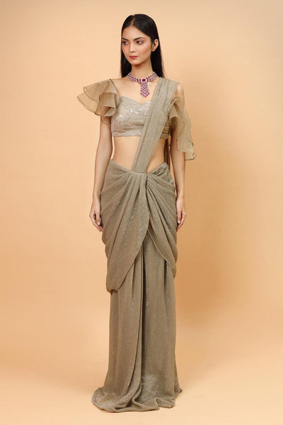 Dusty Green Satin Georgette Pre-draped Saree With Embroidered Blouse