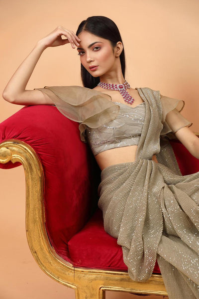 Dusty Green Satin Georgette Pre-draped Saree With Embroidered Blouse