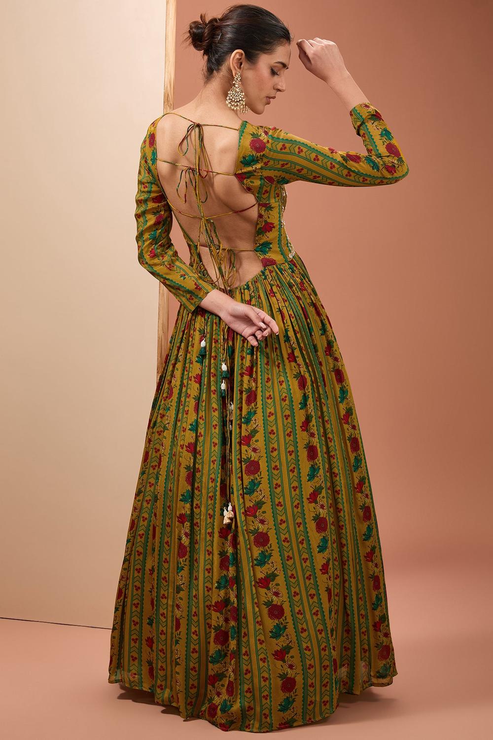 Yellow Viscose Chinon Digital Print Backless Anarkali With Dupatta For Women