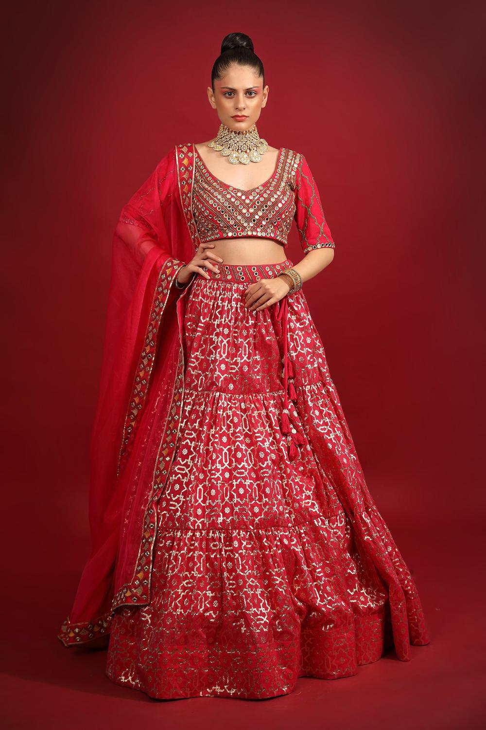 Fuchsia Banarasi Chanderi Tiered Lehenga Set