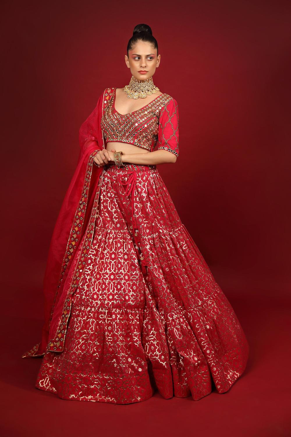 Fuchsia Banarasi Chanderi Tiered Lehenga Set