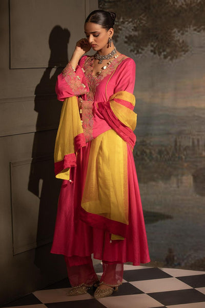 Fuchsia Chanderi Silk Neckline Embroidered Anarkali Set