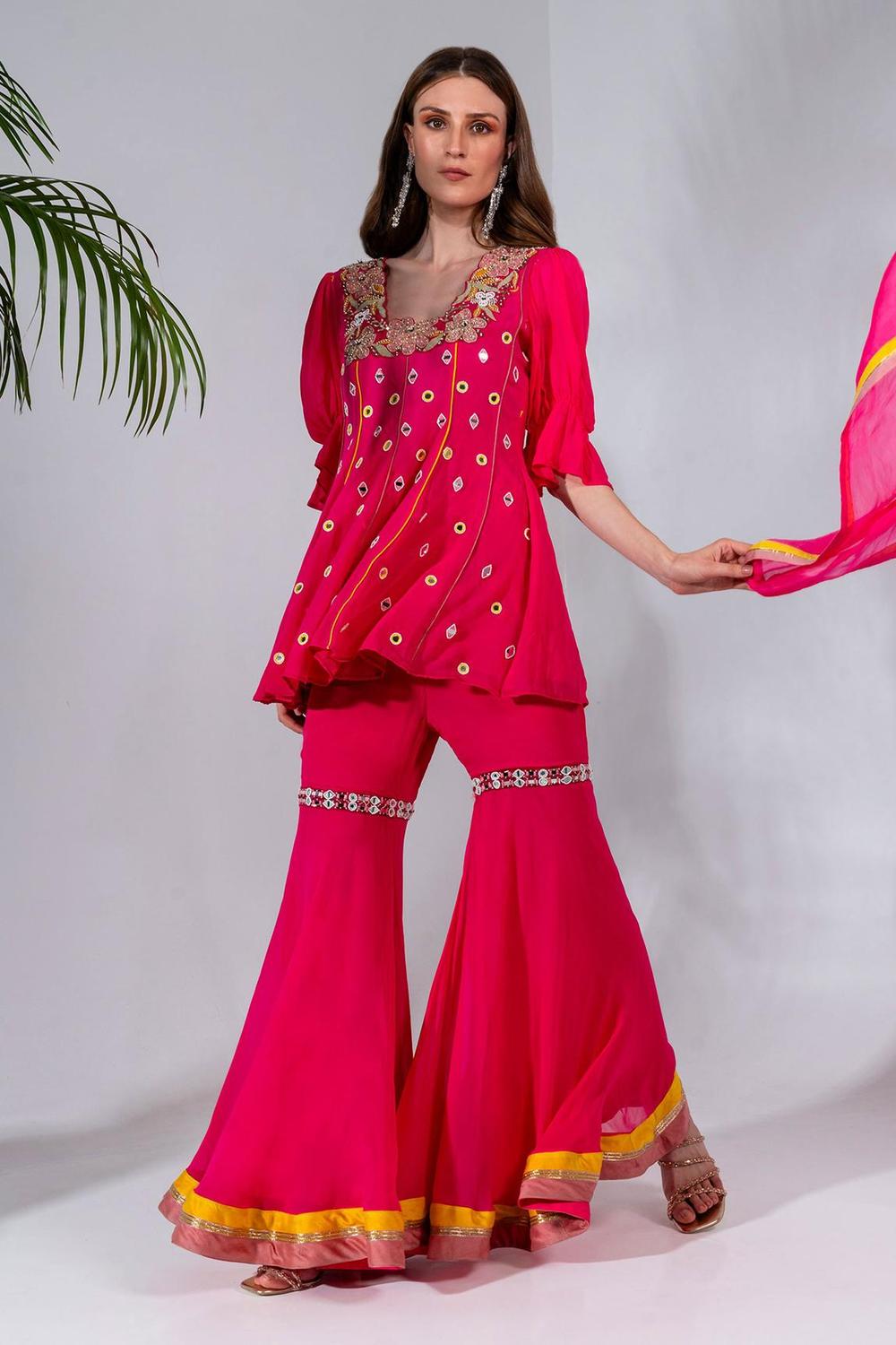 Fuchsia Embroidered Kurta And Gharara Set