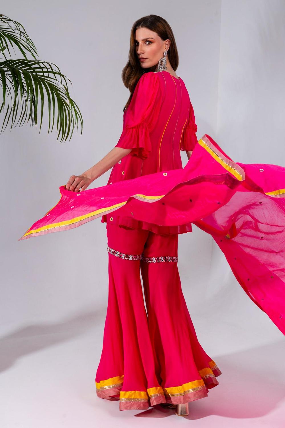 Fuchsia Embroidered Kurta And Gharara Set