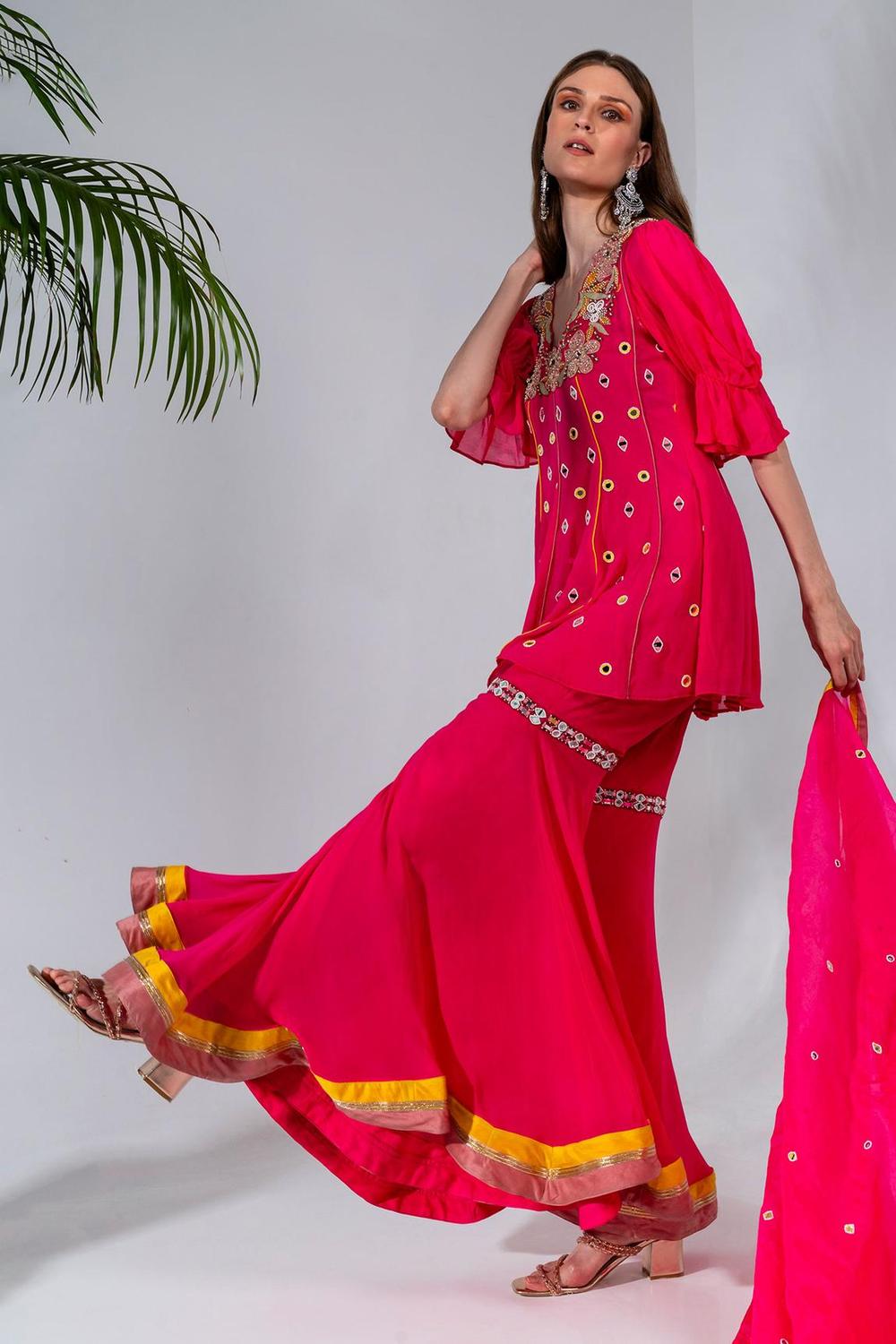 Fuchsia Embroidered Kurta And Gharara Set