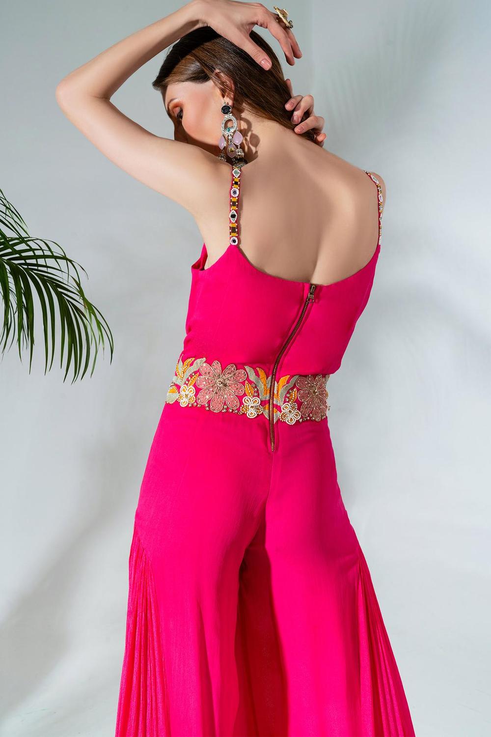 Fuchsia Georgette Floral Embroidered Placement Jumpsuit