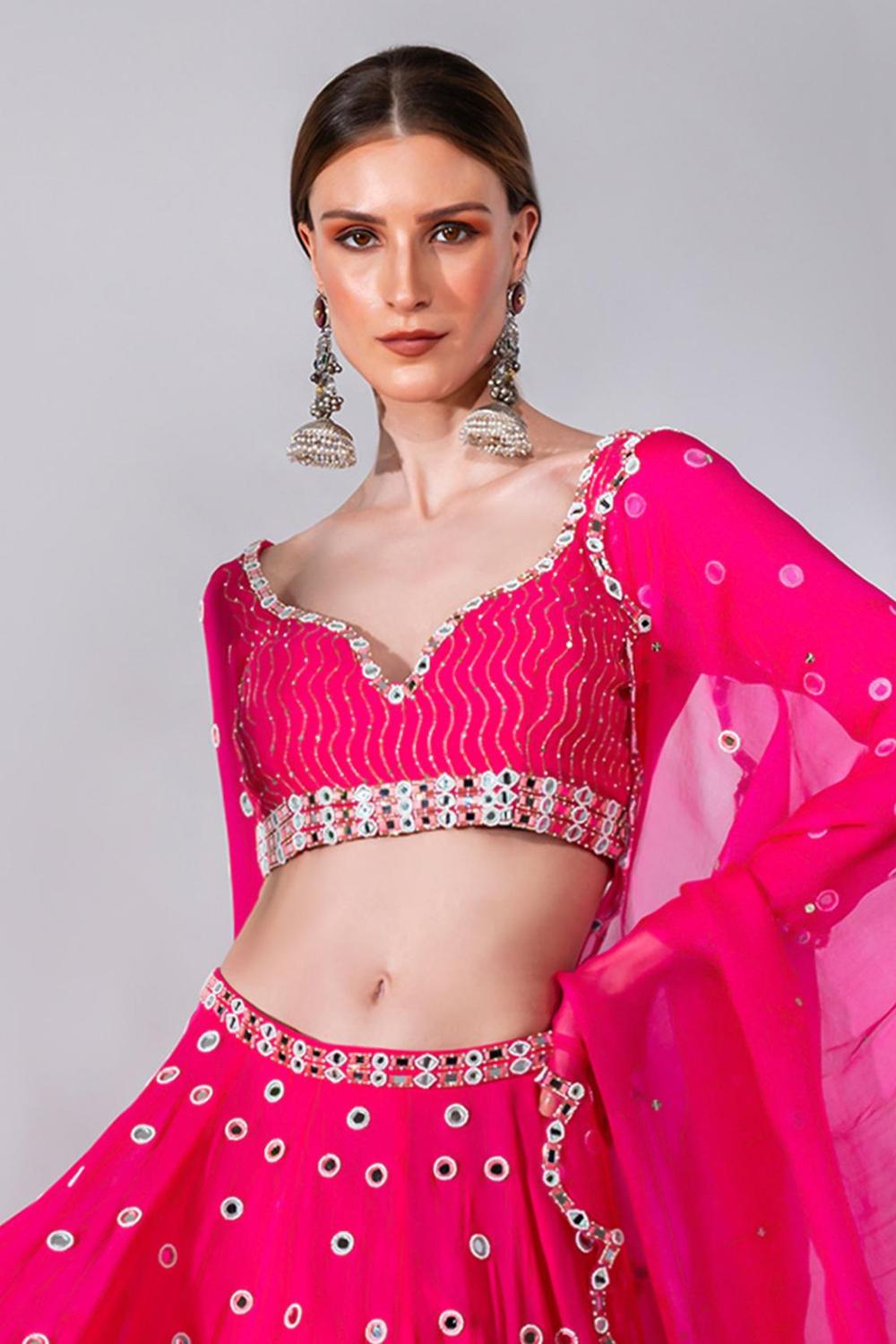 Fuchsia Georgette Mirror Embroidered Lehenga Set