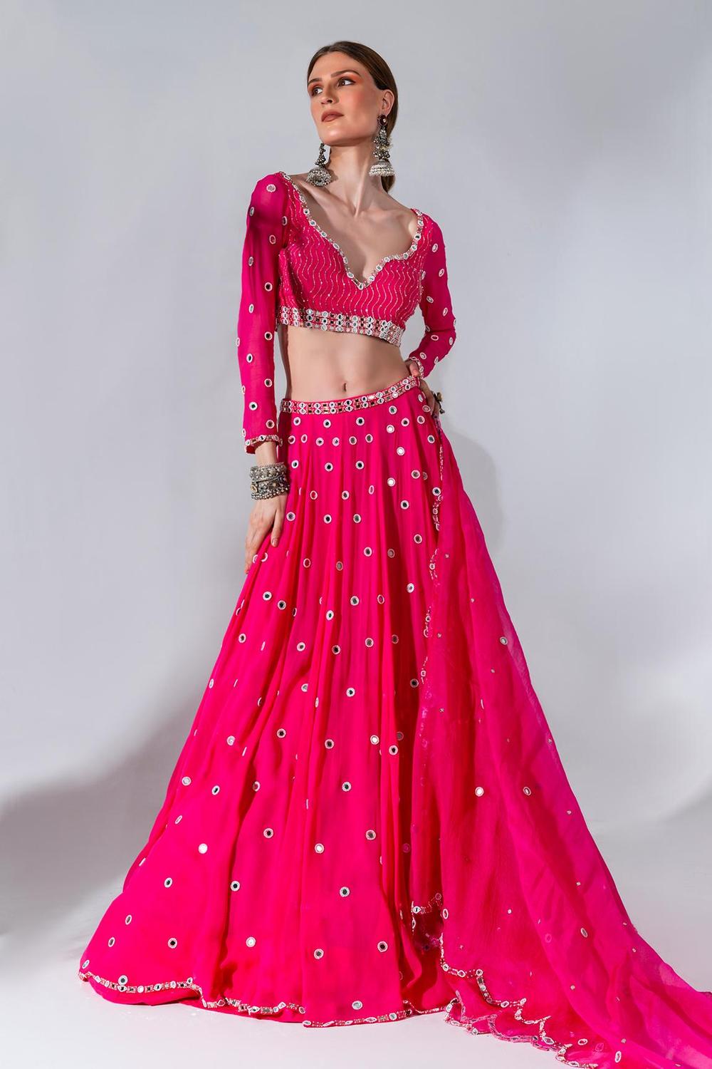 Fuchsia Georgette Mirror Embroidered Lehenga Set