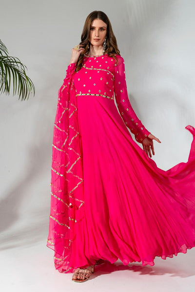 Fuchsia Georgette Mirrorwork Embellished Anarkali With Dupatta