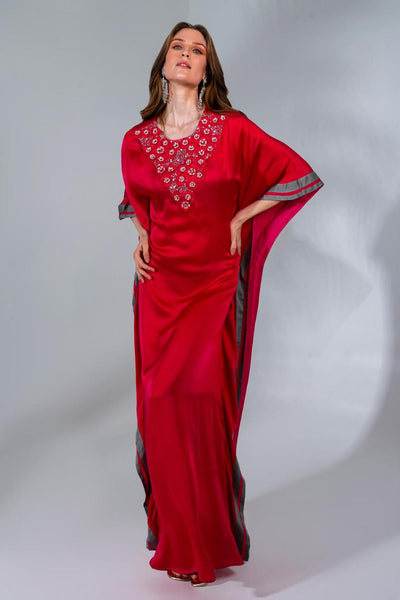 Fuchsia Modal Satin Sequin And Pearl Embroidered Kaftan