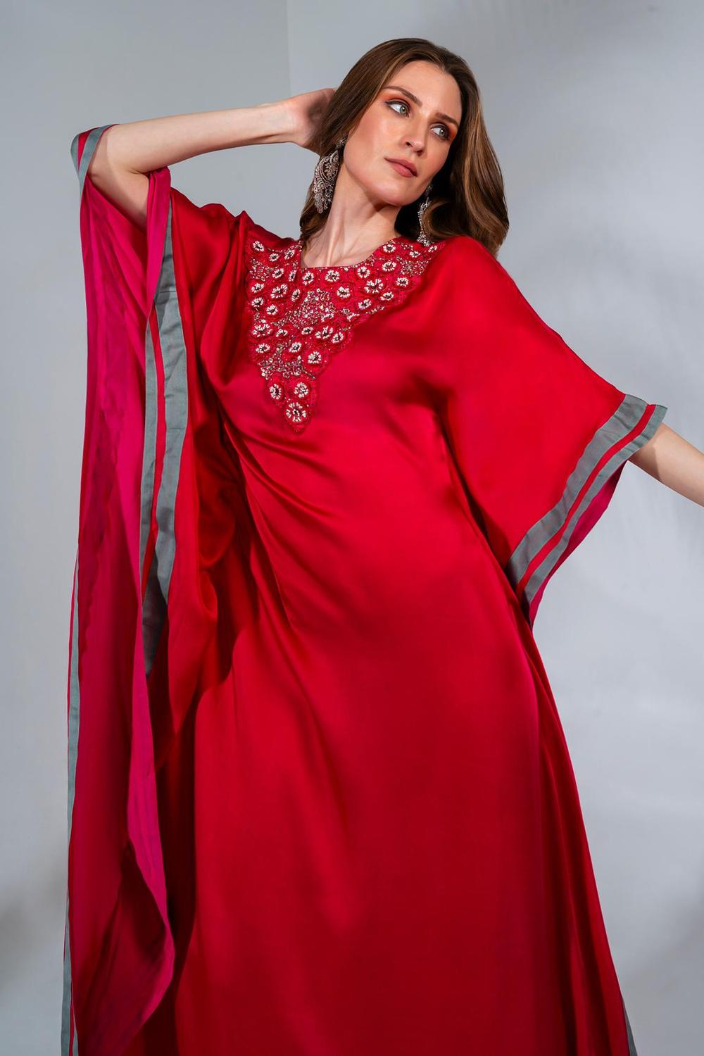 Fuchsia Modal Satin Sequin And Pearl Embroidered Kaftan