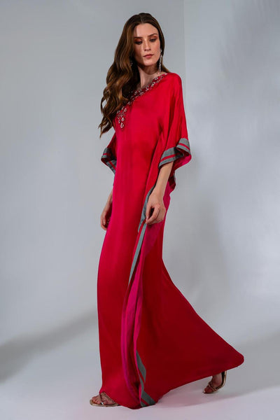 Fuchsia Modal Satin Sequin And Pearl Embroidered Kaftan