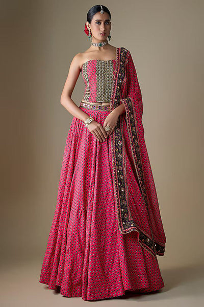 Fuchsia Viscose Raw Silk Zari Embroidered Lehenga Set
