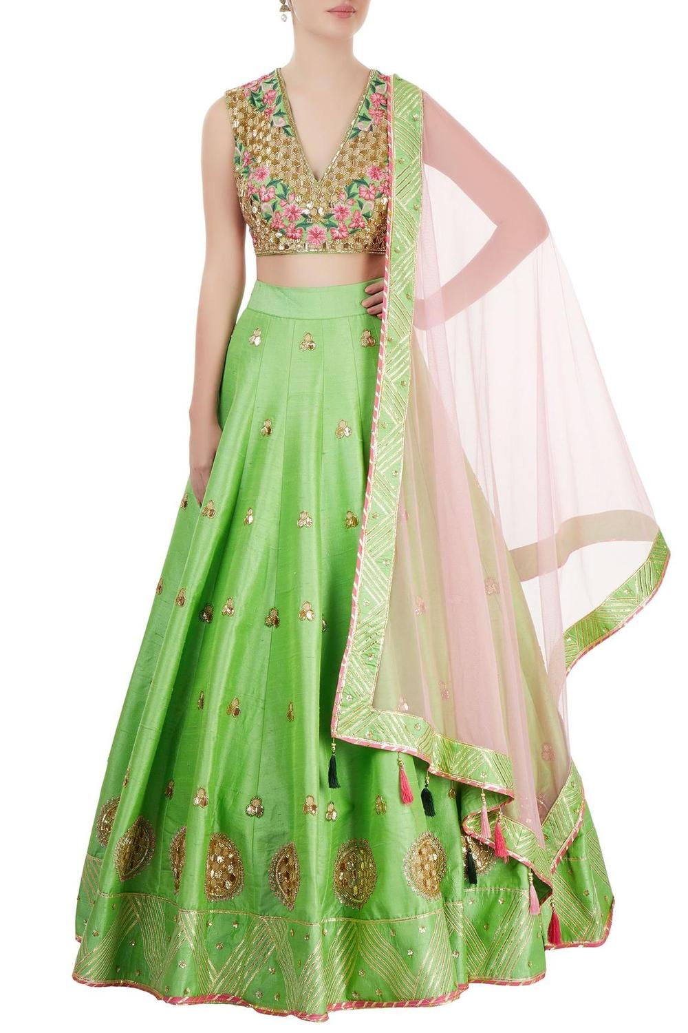 Green And Rose Pink Embroidered Lehenga Set