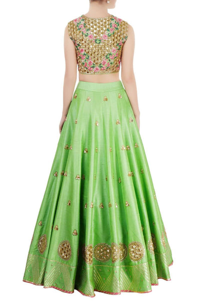 Green And Rose Pink Embroidered Lehenga Set